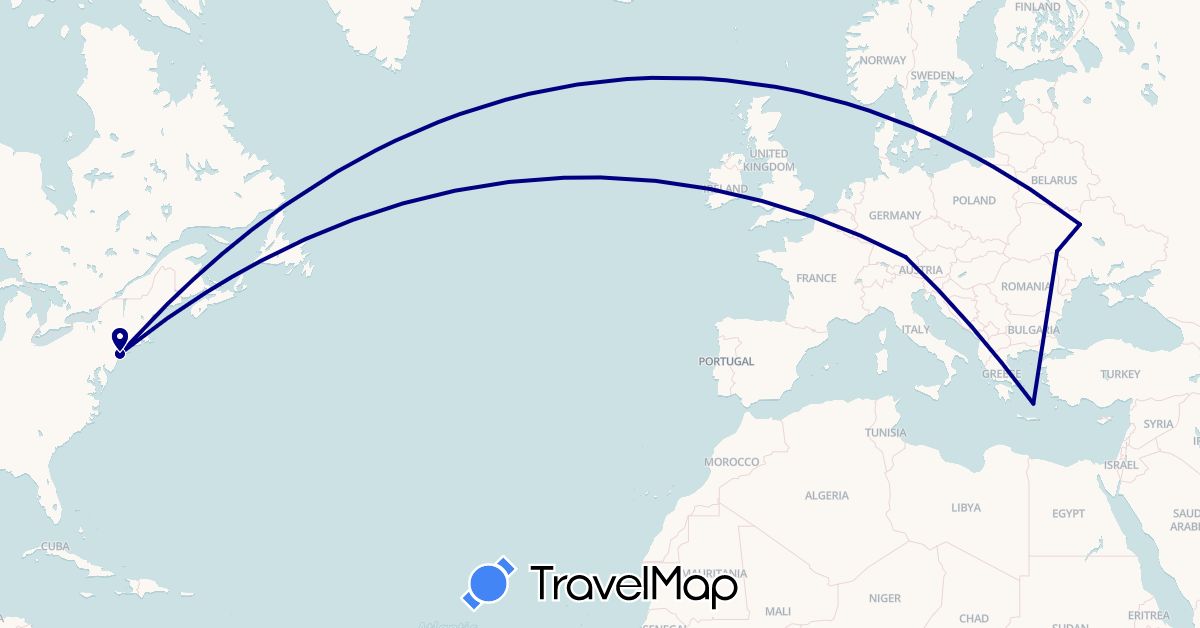TravelMap itinerary: driving in Germany, Greece, Ukraine, United States (Europe, North America)